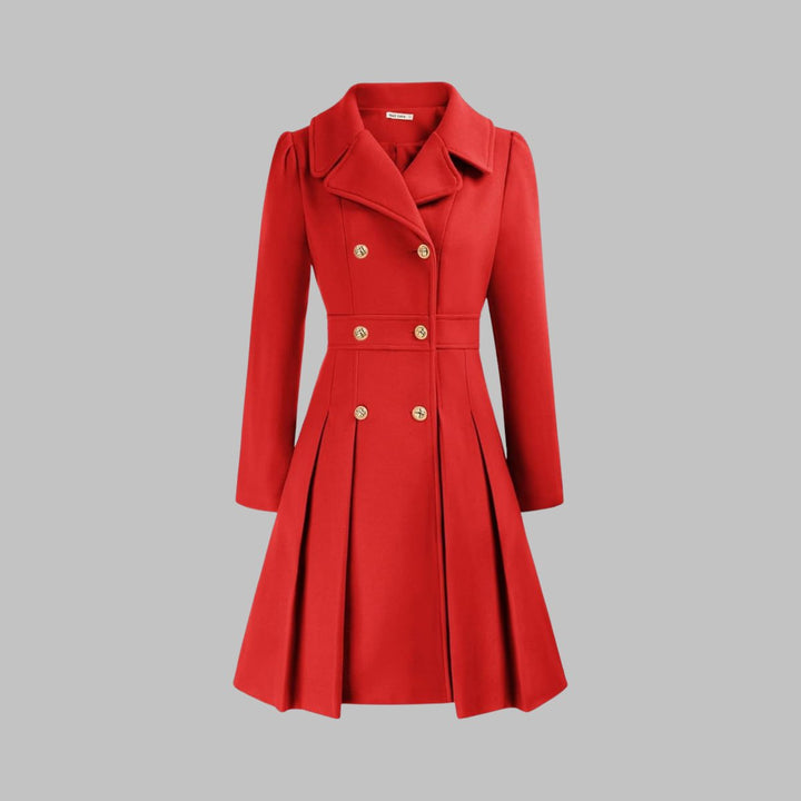Emma | Women's Coat Double-Breasted Pleated A-Line Long Sleeve Overcoat