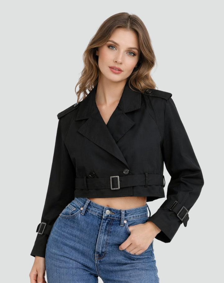 Madison | Women's Cropped Double-Breasted Belted Trench Coat Jacket