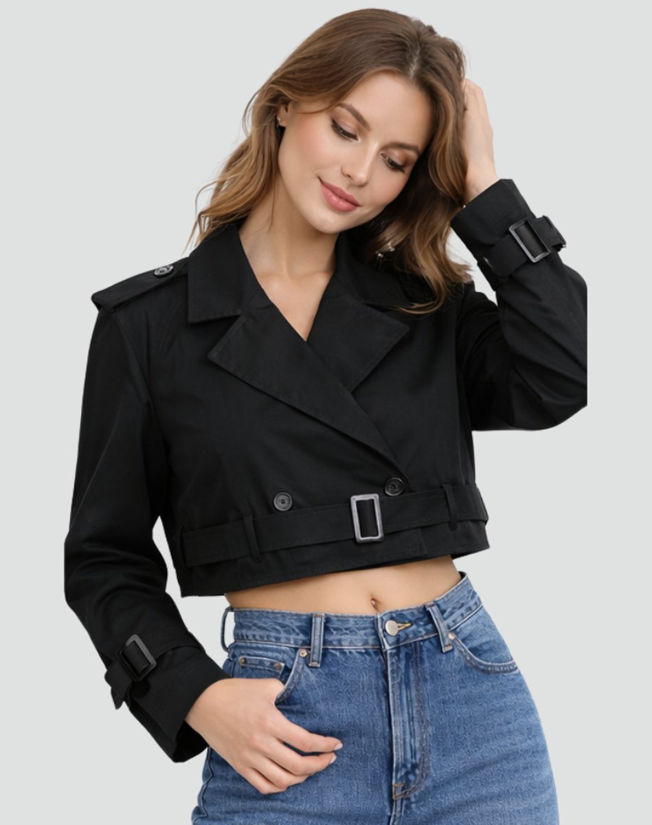 Madison | Women's Cropped Double-Breasted Belted Trench Coat Jacket