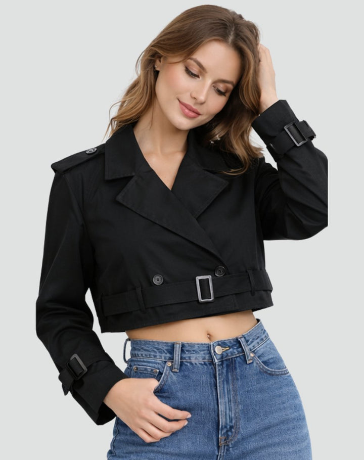 Madison | Women's Cropped Double-Breasted Belted Trench Coat Jacket