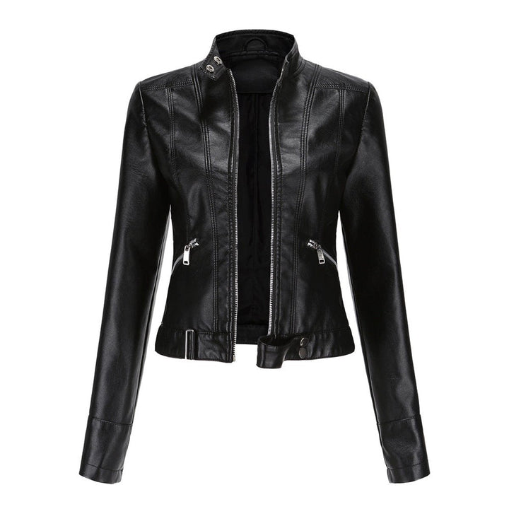 Victoria | Women's Cropped Faux Leather Jacket Stand-Collar Moto Biker