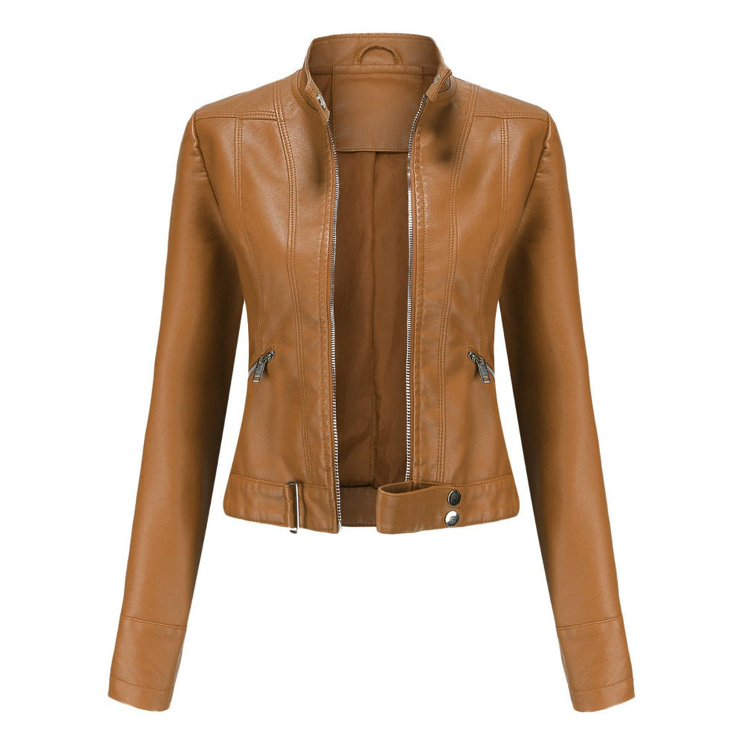 Victoria | Women's Cropped Faux Leather Jacket Stand-Collar Moto Biker