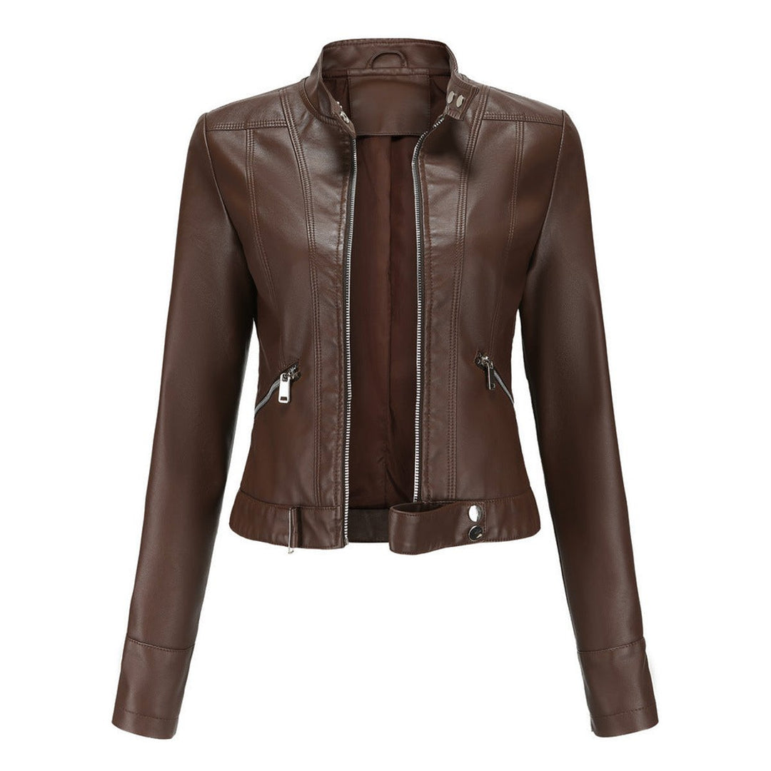 Victoria | Women's Cropped Faux Leather Jacket Stand-Collar Moto Biker