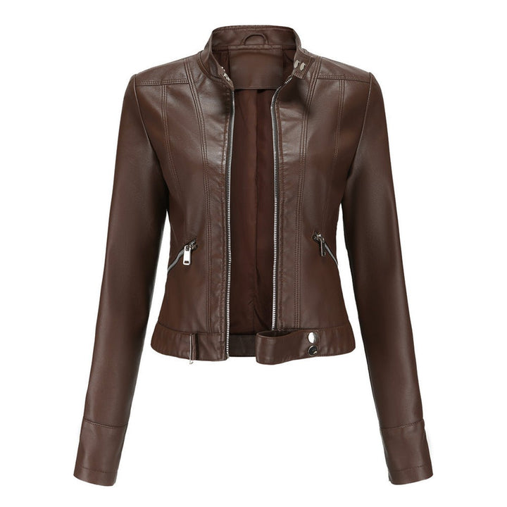 Victoria | Women's Cropped Faux Leather Jacket Stand-Collar Moto Biker