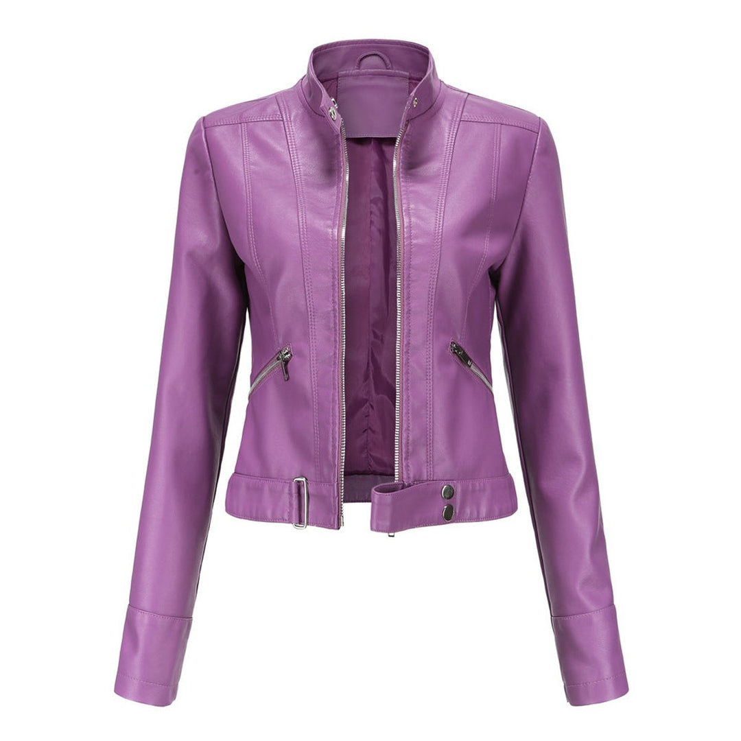 Victoria | Women's Cropped Faux Leather Jacket Stand-Collar Moto Biker