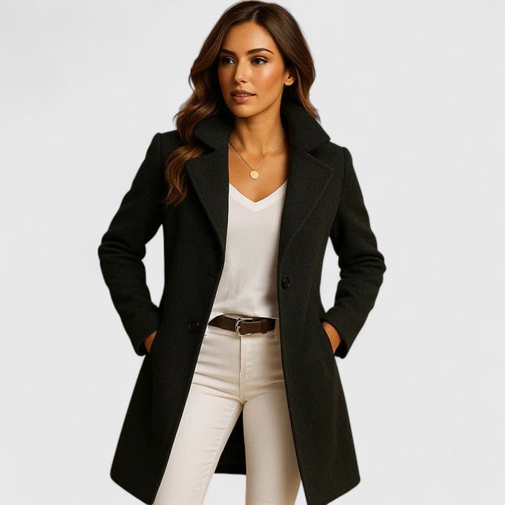 Luna | Women's Elegant Long Button-Front Notch-Lapel Coat