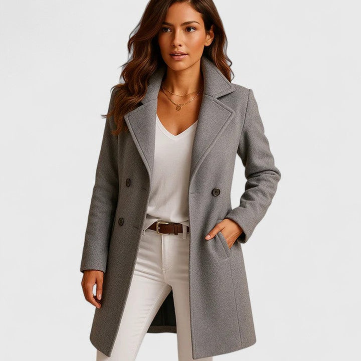 Luna | Women's Elegant Long Button-Front Notch-Lapel Coat