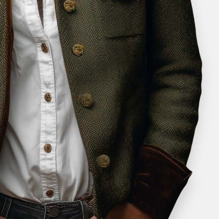Victoria | Women's Herringbone Tweed Military-Style Jacket Gold Button