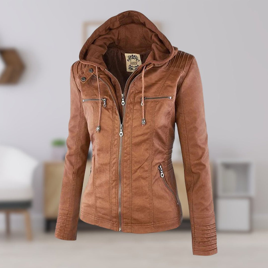Charlotte | Women's Hooded Faux Leather Moto Coat Removable Hood
