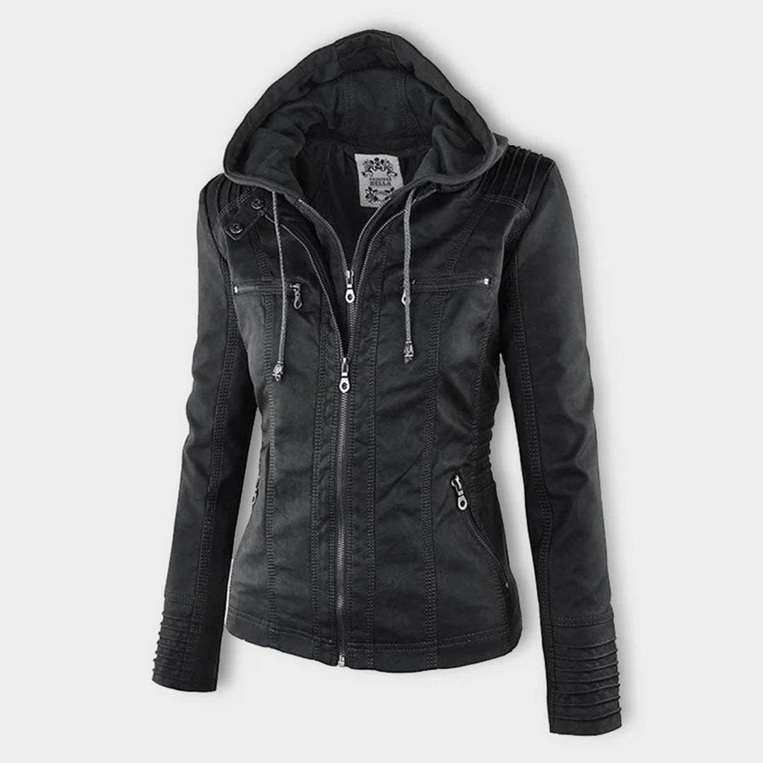 Charlotte | Women's Hooded Faux Leather Moto Coat Removable Hood