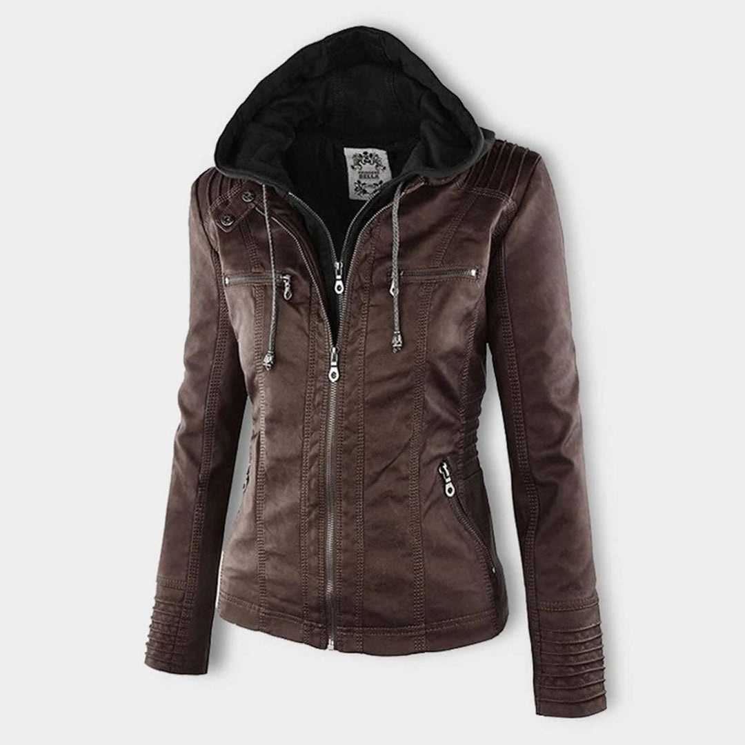 Charlotte | Women's Hooded Faux Leather Moto Coat Removable Hood