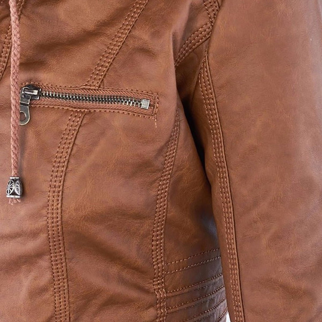 Charlotte | Women's Hooded Faux Leather Moto Coat Removable Hood