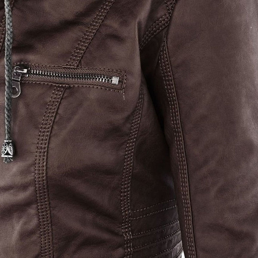 Charlotte | Women's Hooded Faux Leather Moto Coat Removable Hood