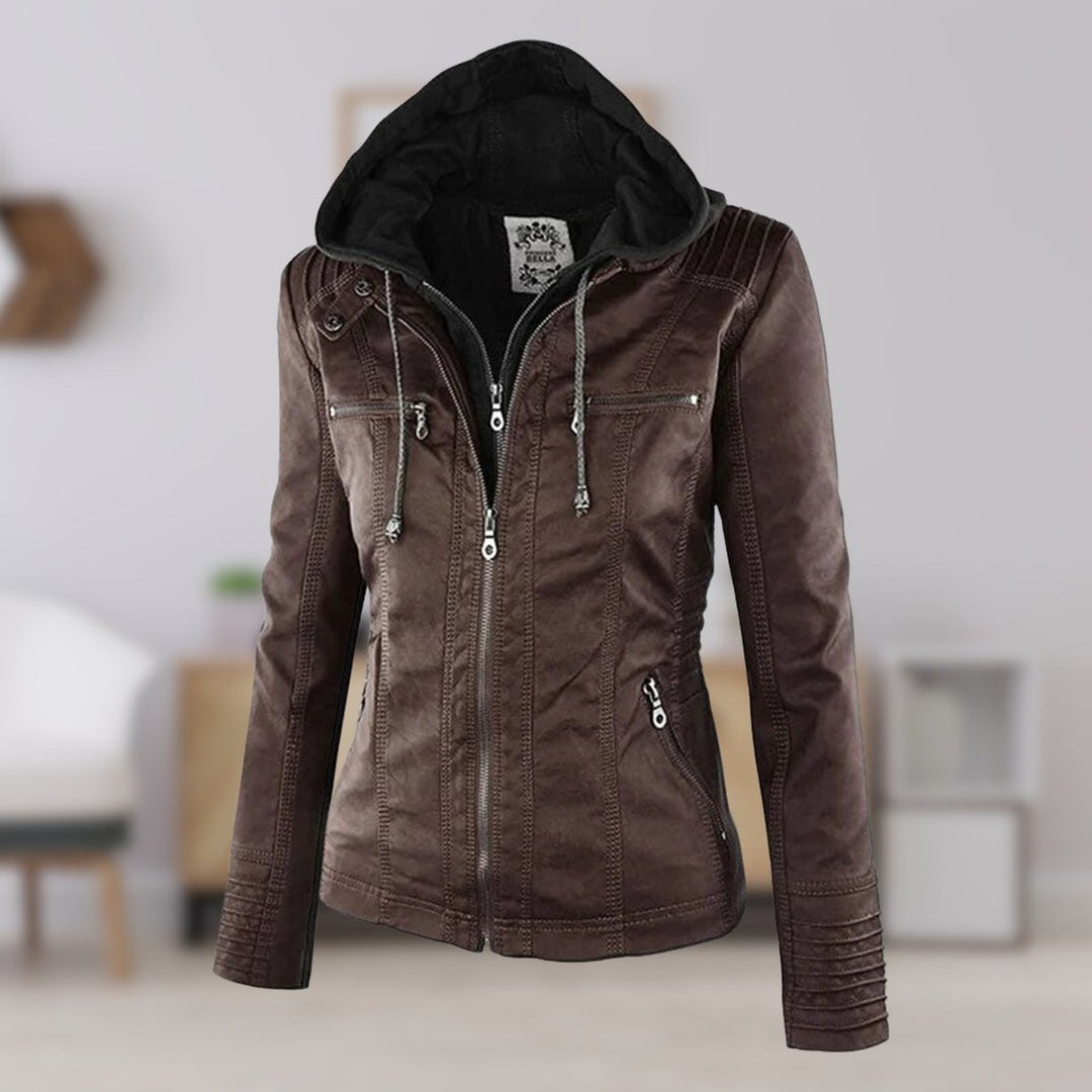 Charlotte | Women's Hooded Faux Leather Moto Coat Removable Hood