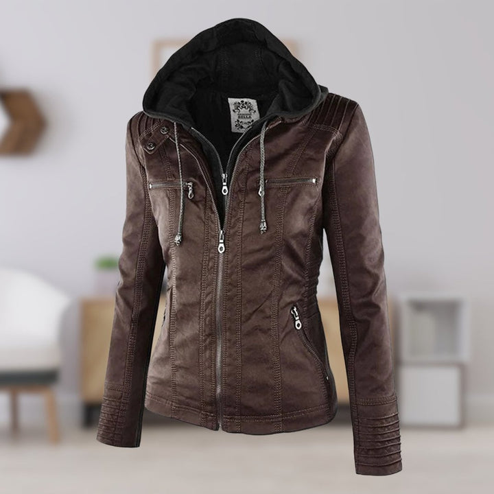 Charlotte | Women's Hooded Faux Leather Moto Coat Removable Hood