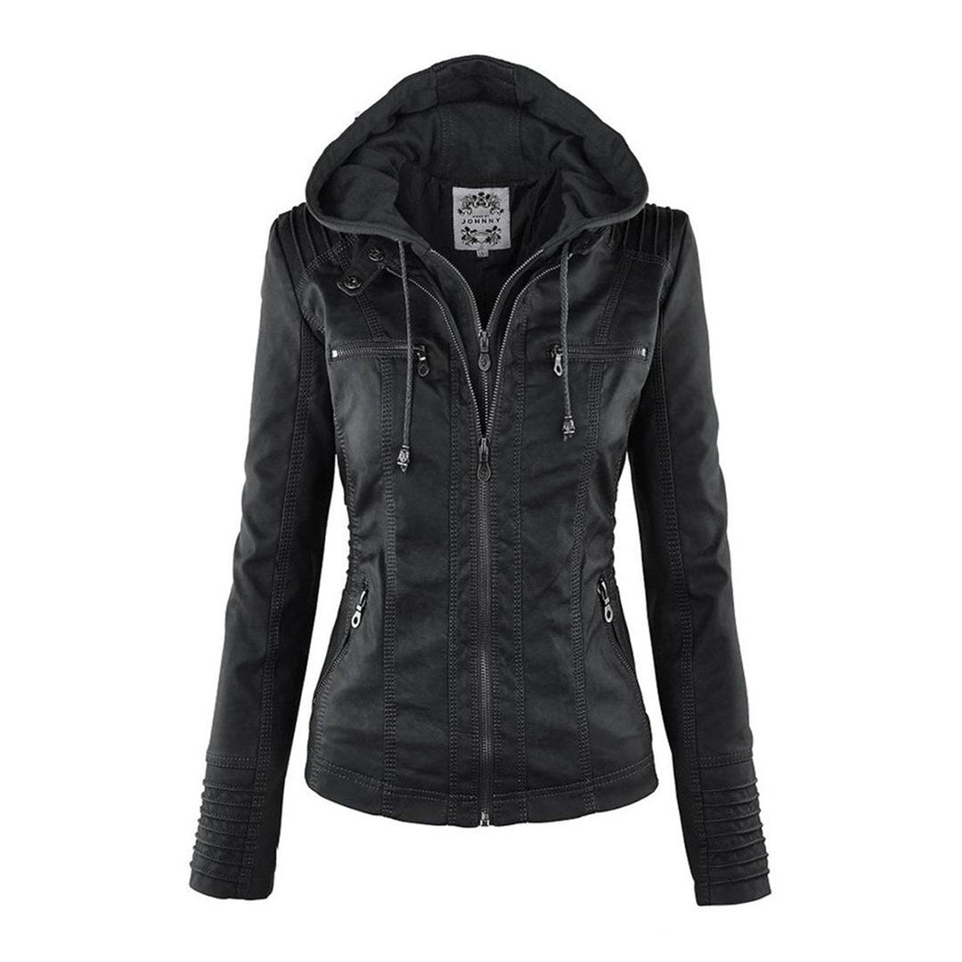 Charlotte | Women's Hooded Faux Leather Moto Coat Removable Hood