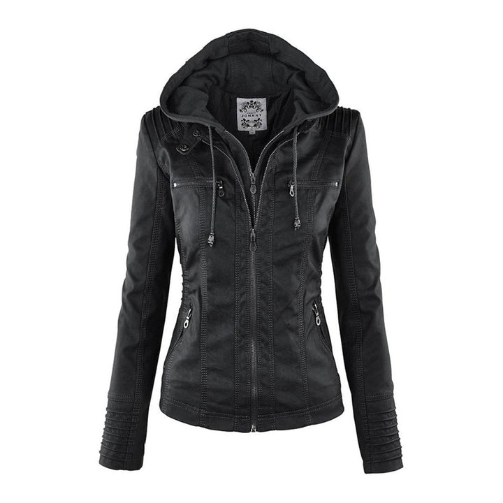 Charlotte | Women's Hooded Faux Leather Moto Coat Removable Hood