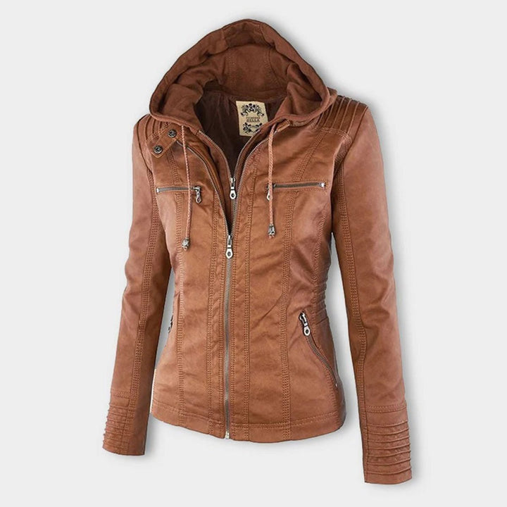 Charlotte | Women's Hooded Faux Leather Moto Coat Removable Hood