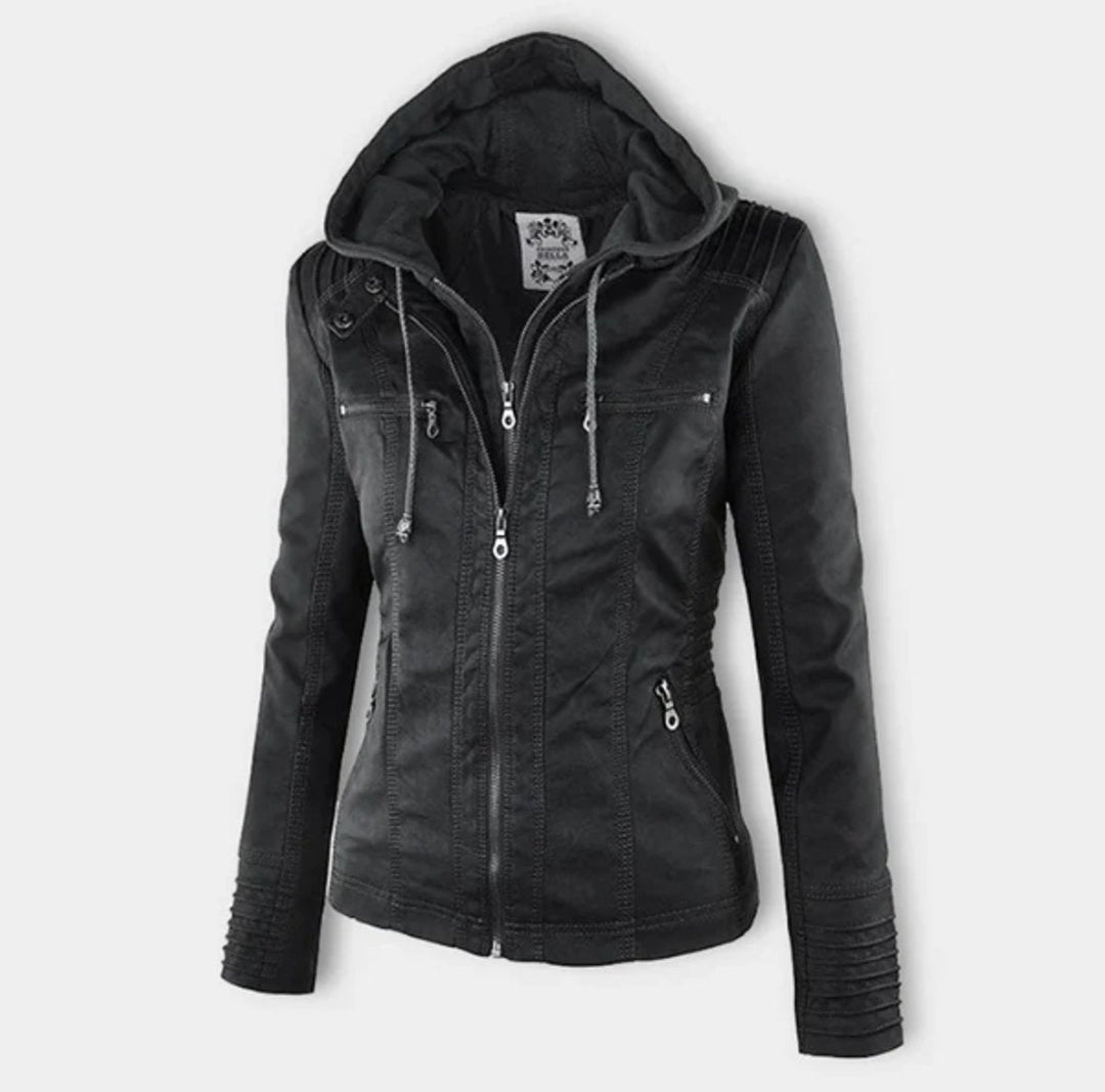 Victoria | Women's Hooded Faux Leather Moto Jacket Zip-Up