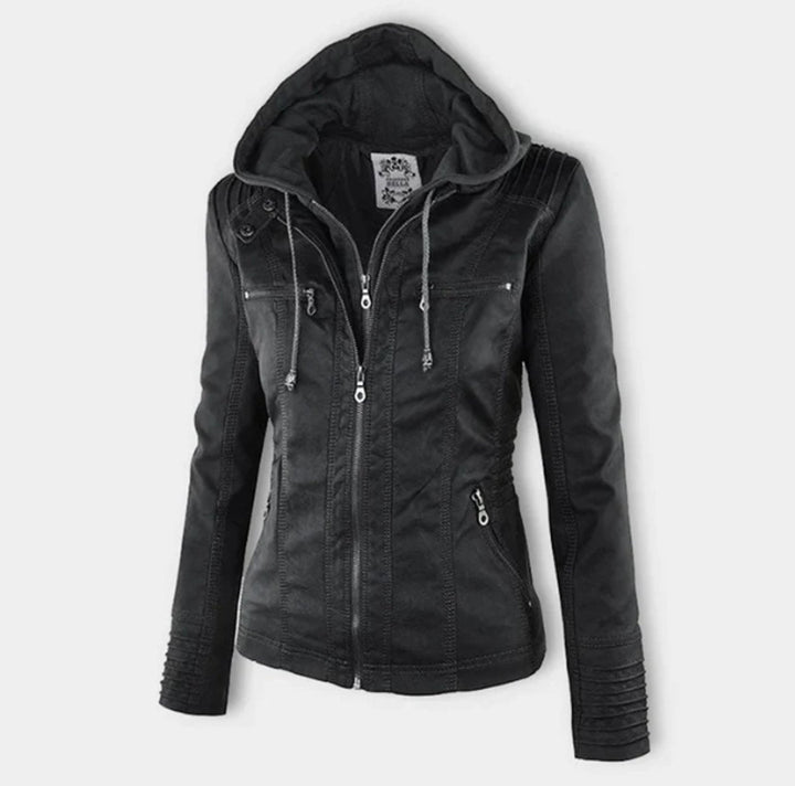 Victoria | Women's Hooded Faux Leather Moto Jacket Zip-Up