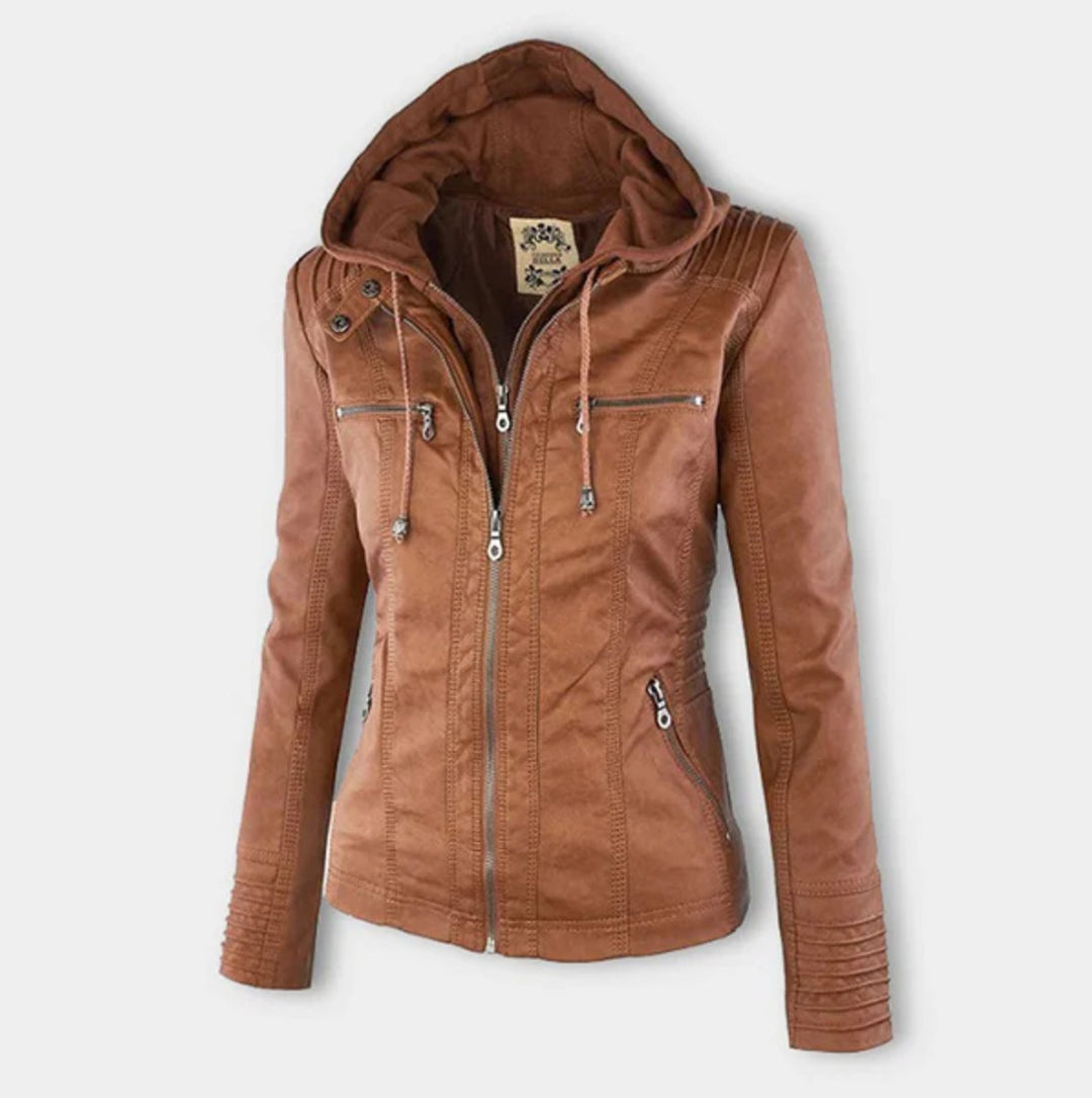 Victoria | Women's Hooded Faux Leather Moto Jacket Zip-Up