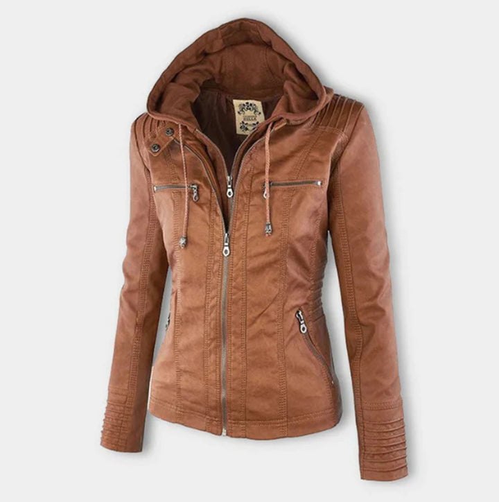 Victoria | Women's Hooded Faux Leather Moto Jacket Zip-Up