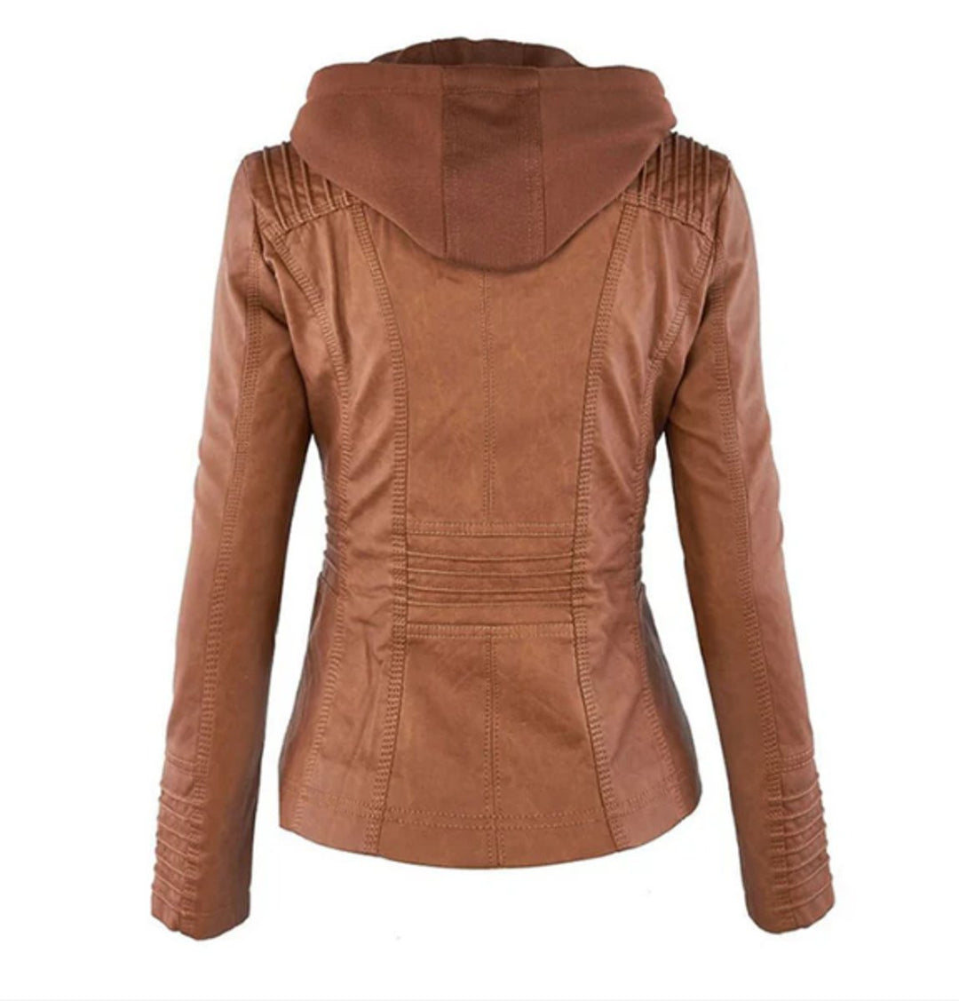 Victoria | Women's Hooded Faux Leather Moto Jacket Zip-Up
