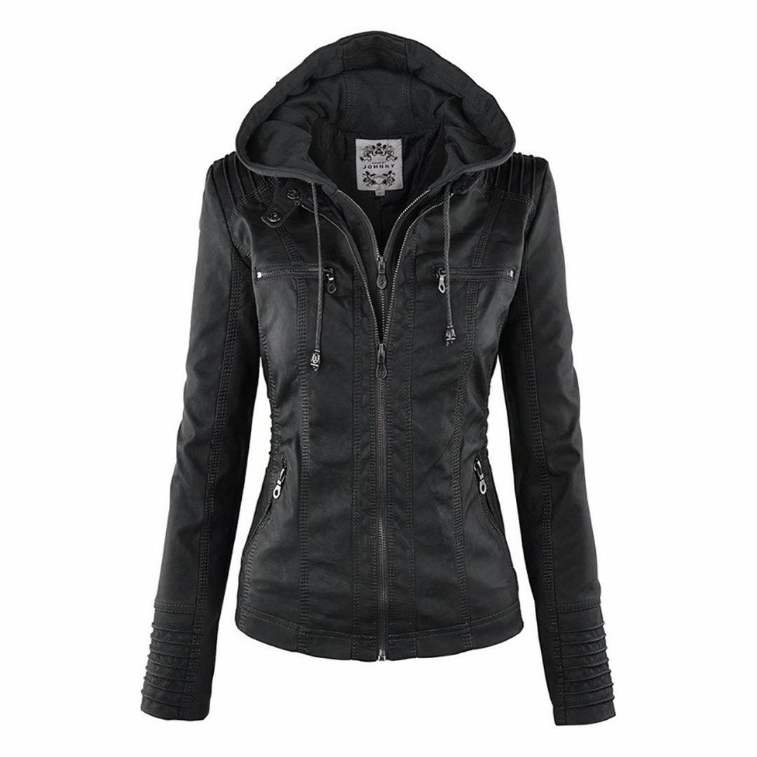 Amelia | Women's Hooded Moto Faux Leather Jacket Removable Hood