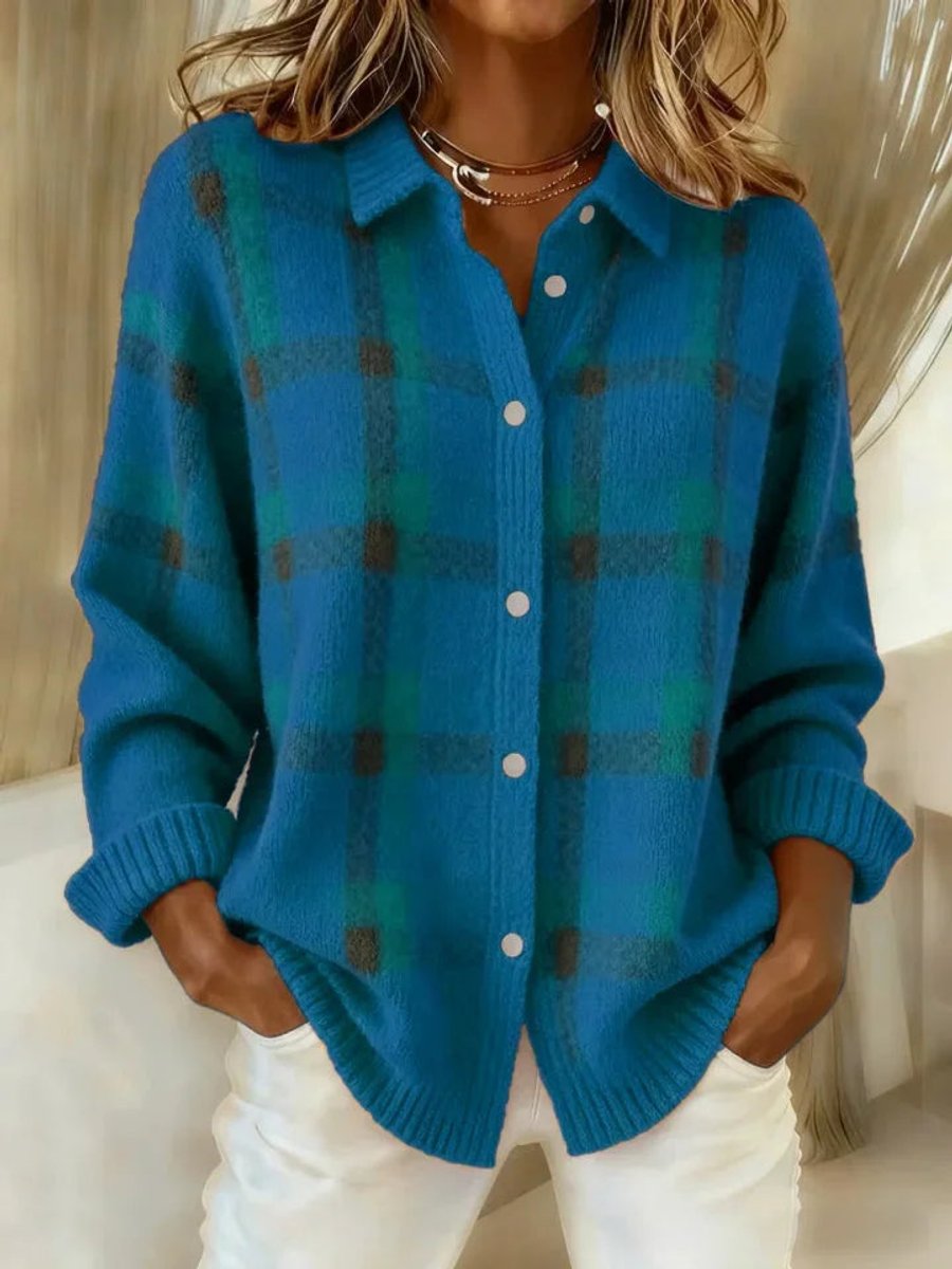 Evelyn | Women's Plaid Knit Button-Up Oversized Jacket Cardigan