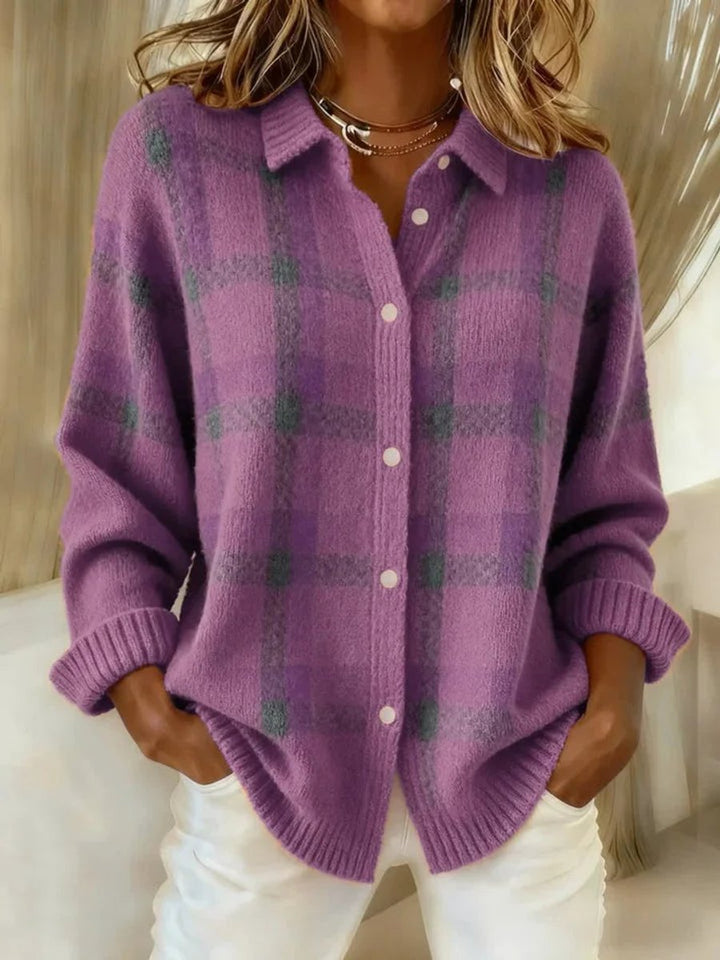 Evelyn | Women's Plaid Knit Button-Up Oversized Jacket Cardigan