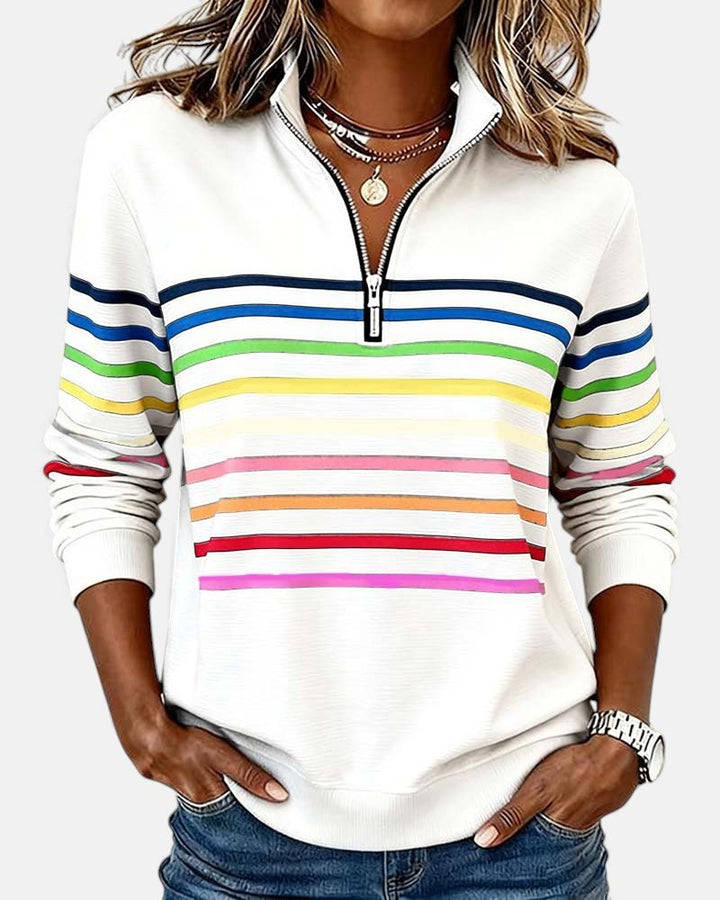 Jeanette – Rainbow Striped Zip-Neck Sweatshirt