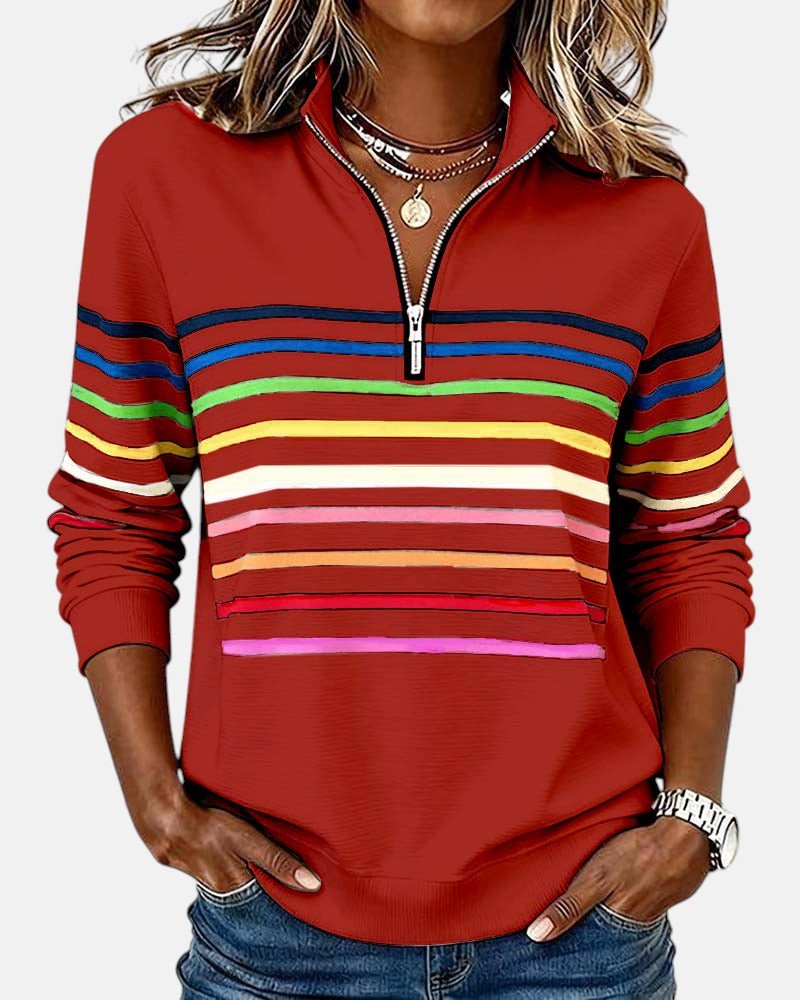 Jeanette – Rainbow Striped Zip-Neck Sweatshirt