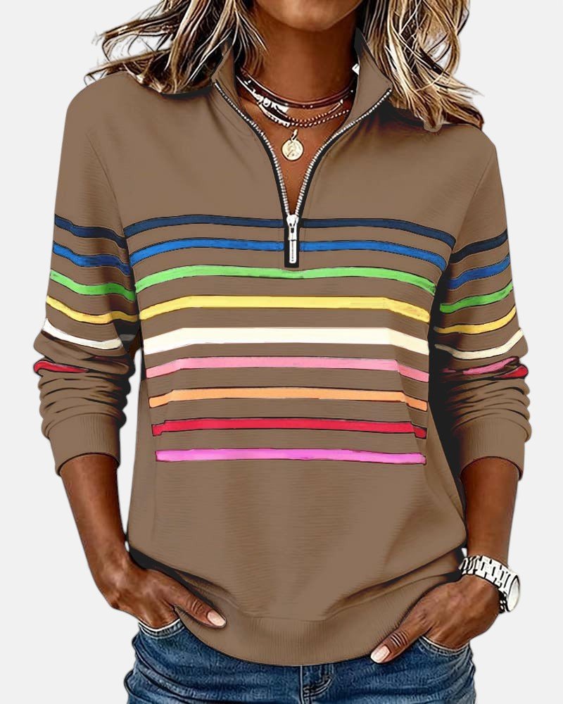 Jeanette – Rainbow Striped Zip-Neck Sweatshirt