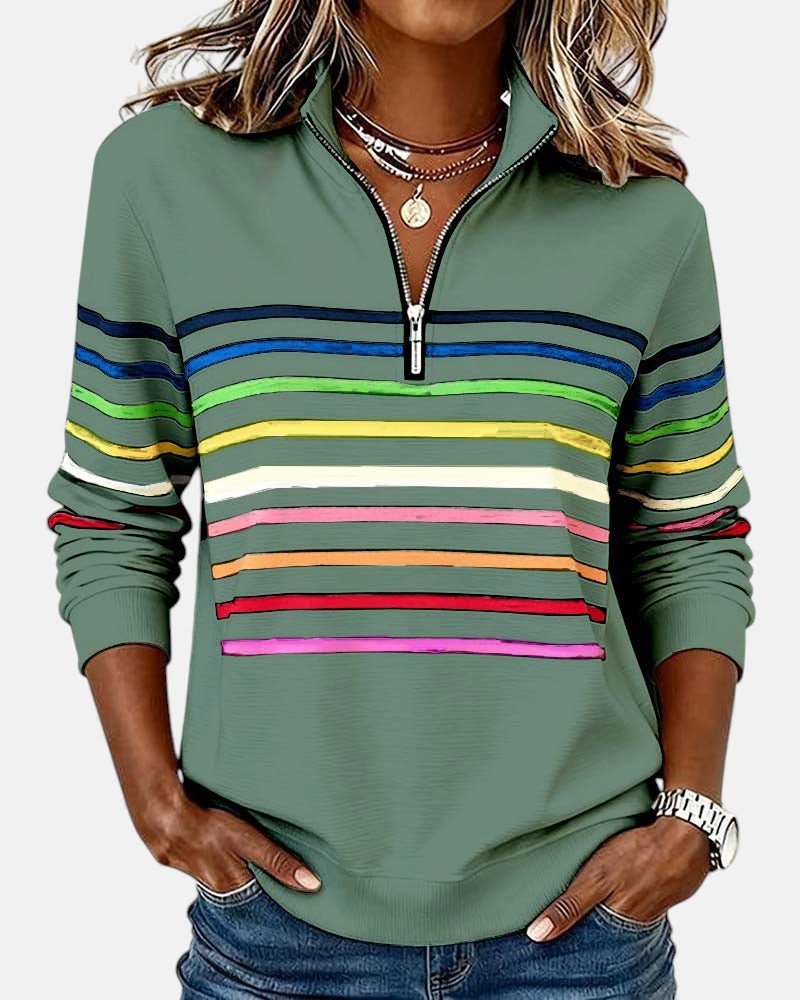 Jeanette – Rainbow Striped Zip-Neck Sweatshirt