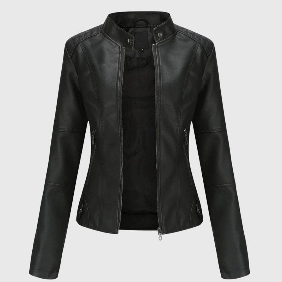 Mia | Women's Slim-Fit Faux Leather Moto Coat Stand-Collar Zip-Up Jacket