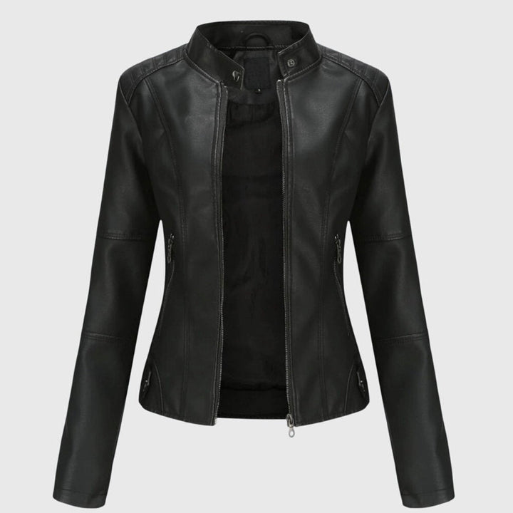 Mia | Women's Slim-Fit Faux Leather Moto Coat Stand-Collar Zip-Up Jacket