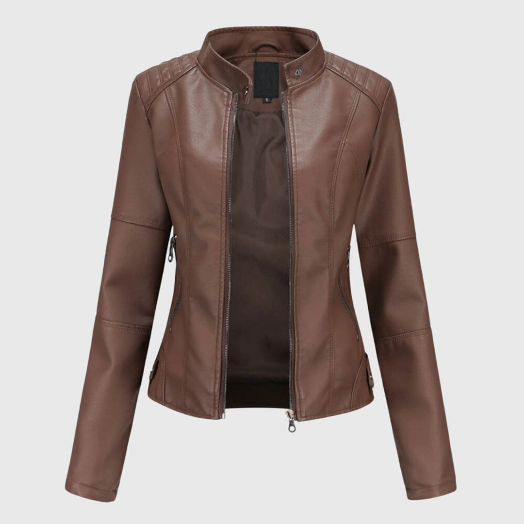 Mia | Women's Slim-Fit Faux Leather Moto Coat Stand-Collar Zip-Up Jacket