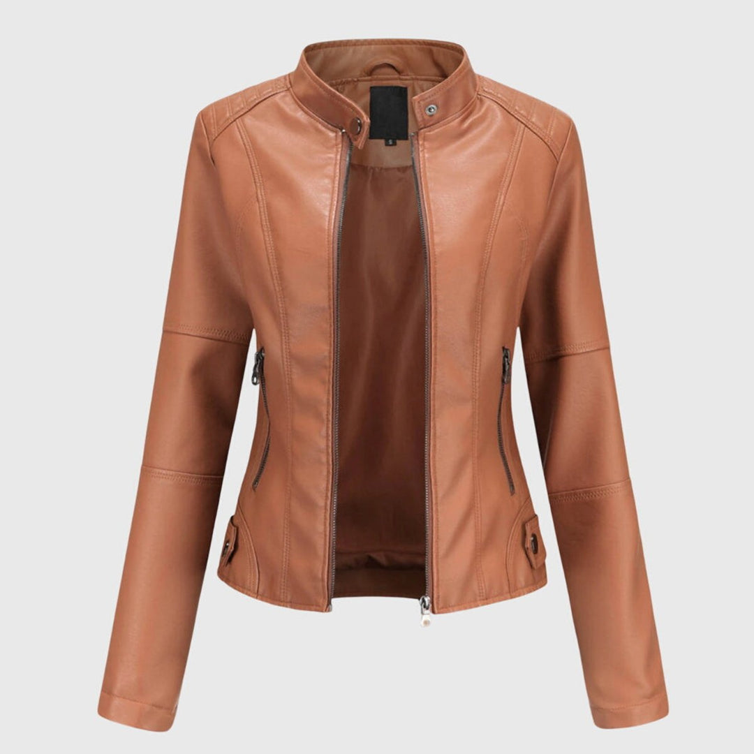 Mia | Women's Slim-Fit Faux Leather Moto Coat Stand-Collar Zip-Up Jacket