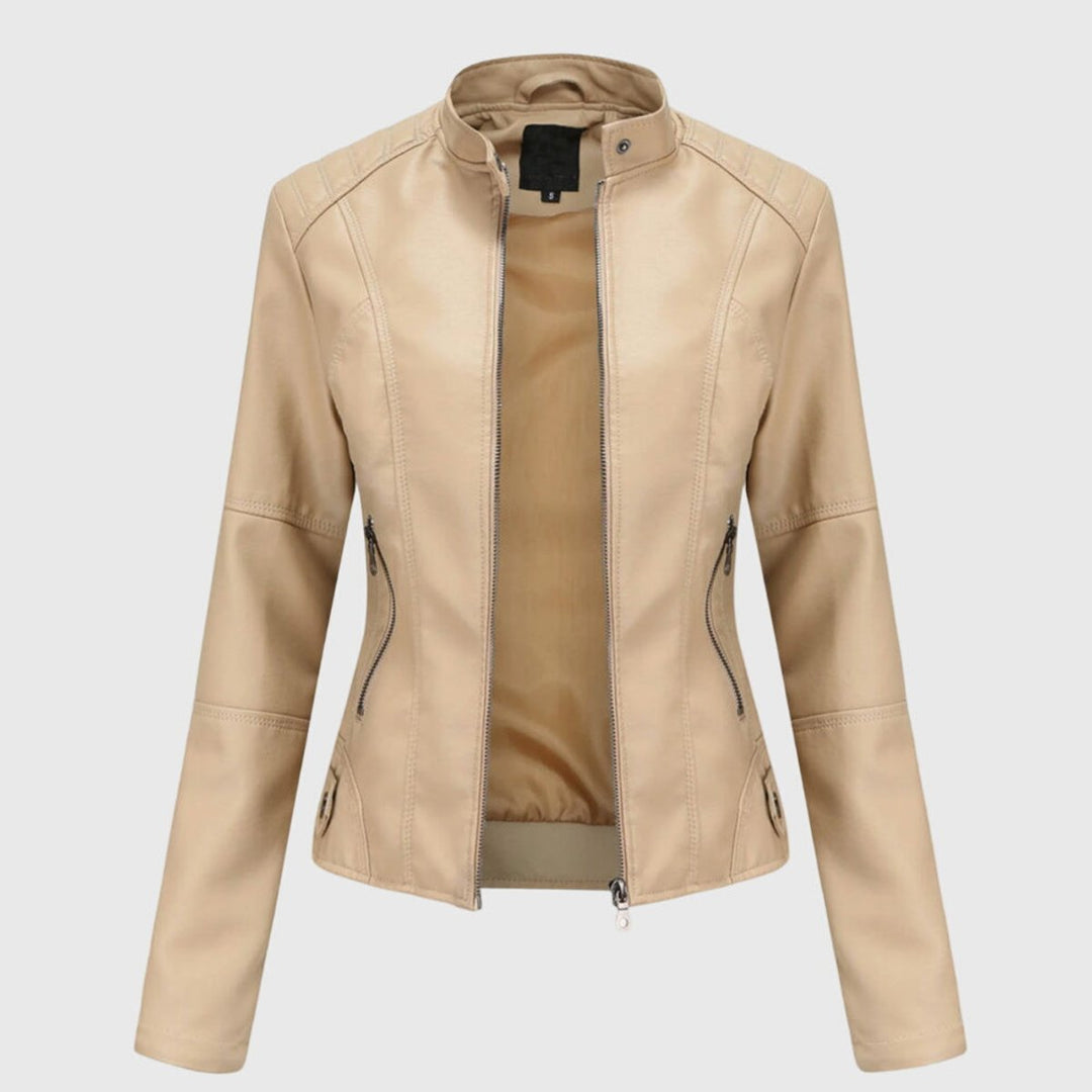 Mia | Women's Slim-Fit Faux Leather Moto Coat Stand-Collar Zip-Up Jacket