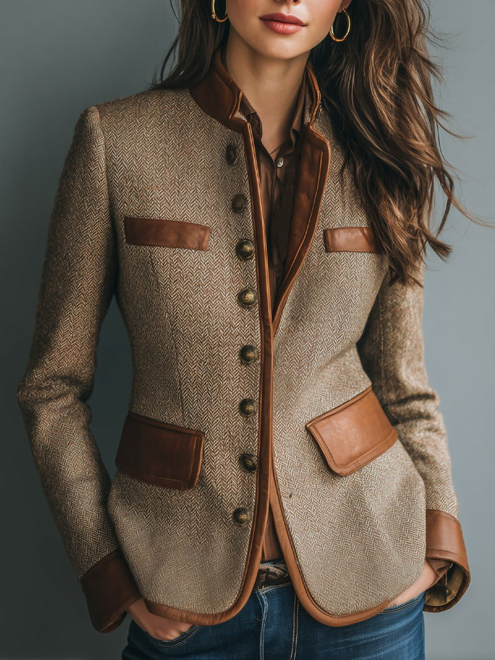 Sophia | Women's Vintage Herringbone Tweed Leather-Trim Button-Front Jacket