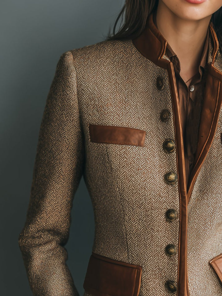 Sophia | Women's Vintage Herringbone Tweed Leather-Trim Button-Front Jacket