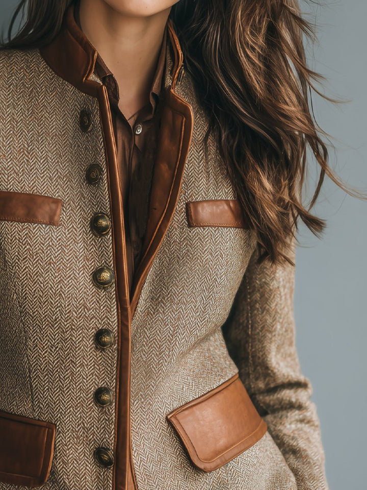 Sophia | Women's Vintage Herringbone Tweed Leather-Trim Button-Front Jacket