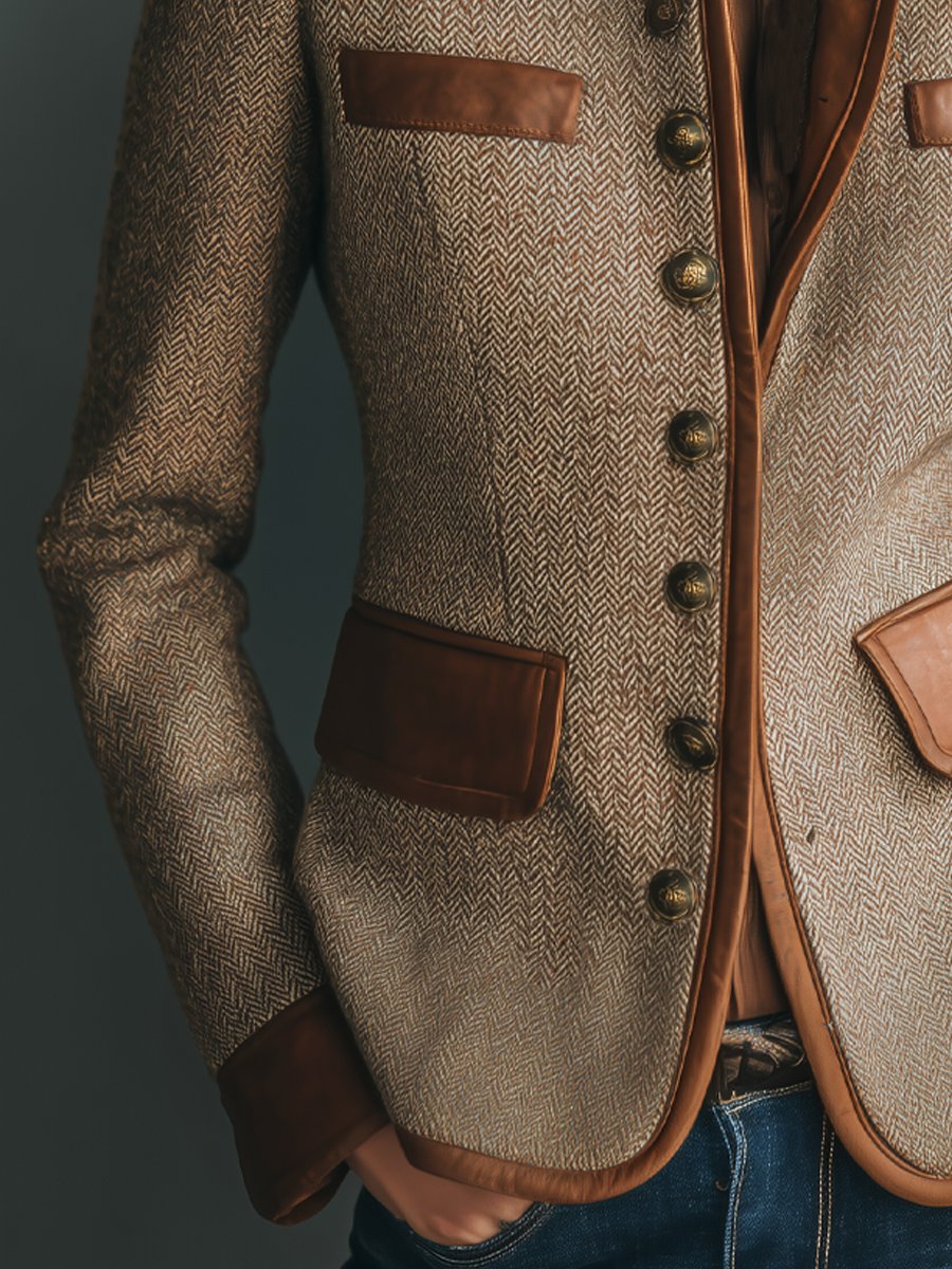 Sophia | Women's Vintage Herringbone Tweed Leather-Trim Button-Front Jacket